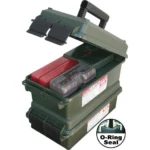 MTM Ammo Can, forest green stacked cans with one open, showing red and clear boxes