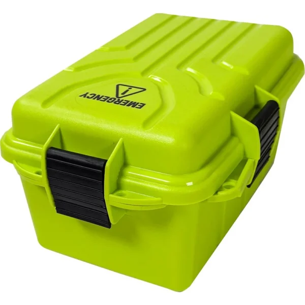 MTM Emergency Box 2, bright yellow-green case with ribbed lid and black latches