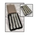 MTM Powder & Shot Bushing Box, open black case with clear lid and rows of metal bushings