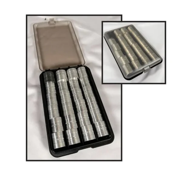 MTM Powder & Shot Bushing Box, open black case with clear lid and rows of metal bushings
