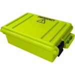 MTM Emergency Box 3, bright yellow-green case in angled top view with black latch and emergency marking