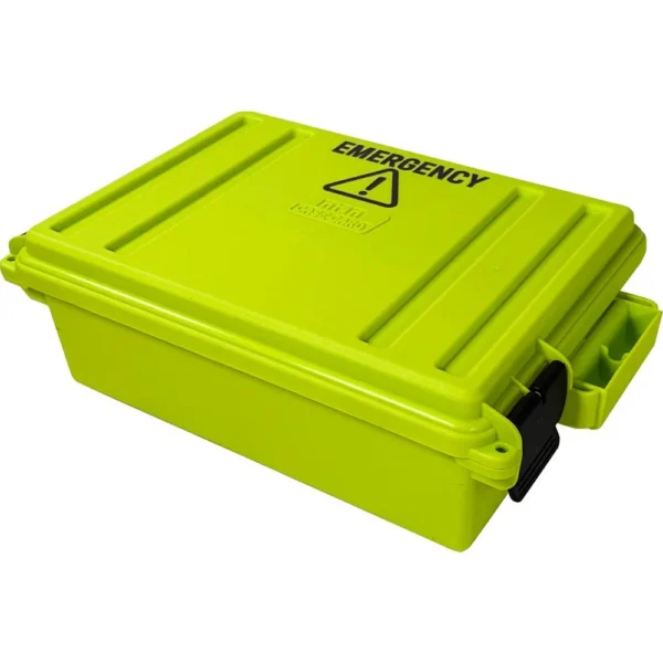 MTM Emergency Box 3, bright yellow-green case in angled top view with black latch and emergency marking