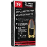 Winchester Super Match black and red ammunition box, angled front view with cutaway bullet graphic