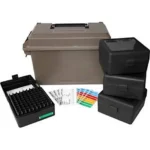 MTM AC50 ammo can, dark earth case with four black cartridge boxes, tray and labels