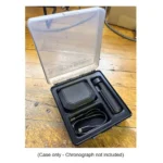 MTM Chronograph Case, open black case with clear lid and fitted interior compartments