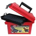MTM Conceal Carry Handgun Case, open red case with black handle and egg-crate foam