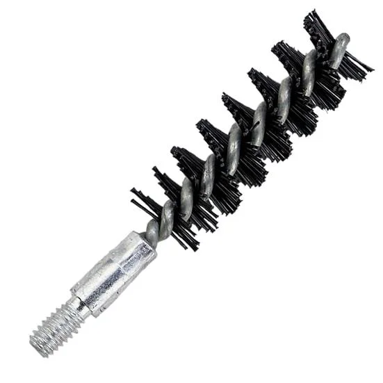 KleenBore Black Nylon Bore Brush, angled view with spiral bristles and silver threaded stem
