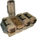MTM 4-Can 30 Cal Ammo Crate with four tan cans in green tray, one open with cartridges