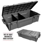 MTM Truck Underseat Gear Crate, black crate shown open with dividers and closed