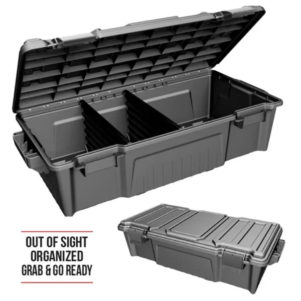 MTM Truck Underseat Gear Crate, black crate shown open with dividers and closed