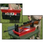 MTM Portable Rifle & Shotgun Maintenance Case, open red and black case supporting a rifle outdoors