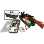 MTM Shooting Range Box, open forest green box with shooting gear, rifle, and closed-box inset