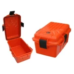 MTM Survivor Dry Box, orange box shown open and closed with black latch and handle