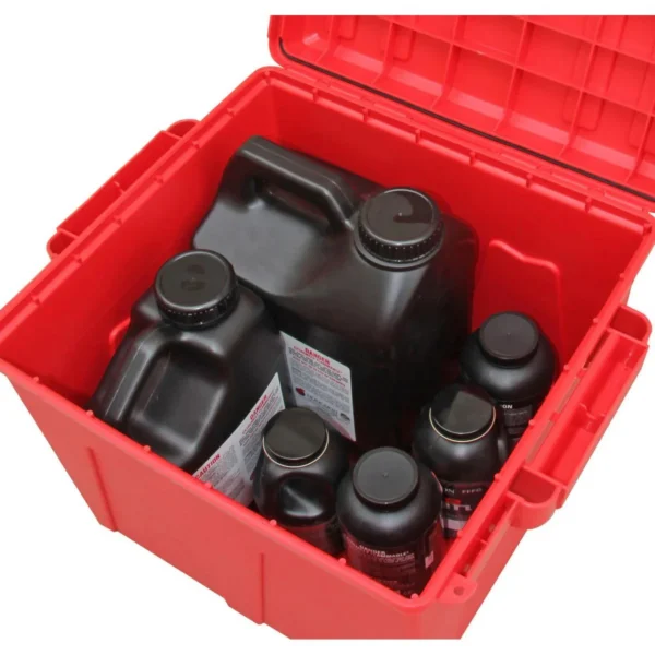 MTM Reloading Powder Storage PK-12 Powder Keg, open red crate holding black bottles