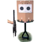 MTM Jammit Target Stand Black holding a cardboard board with two paper bullseyes, front view