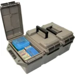 MTM 3 Can .50 Cal Ammo Crate, flat dark earth crate with one can open and blue ammo boxes