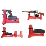 MTM K-Zone Shooting Rest, red and black rest shown from four angles with rifles