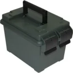 MTM .45 Cal Ammo Can, forest green angled view with black folding handle and front latch