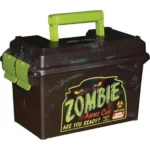 MTM Zombie Ammo Can, front view in dark brown with bright green handle, latches and graphic
