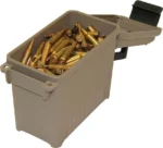 MTM Ammo Can Mini, open tan can filled with brass cartridges and black latch