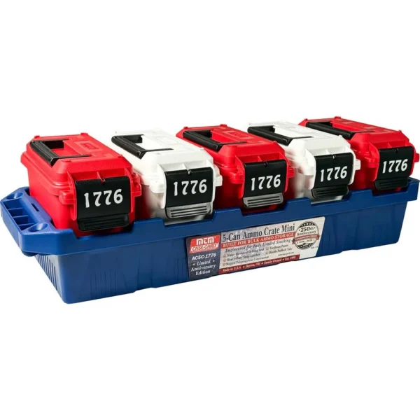 MTM Limited Edition 1776 Multi-Can Ammo Crate Minis, blue crate holding five red, white and green cans