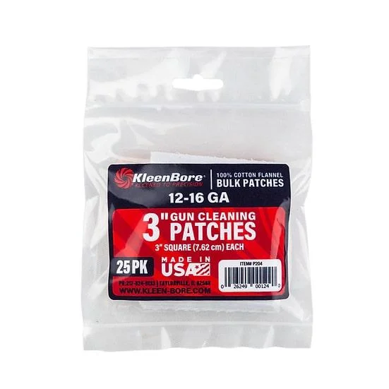 primary-23699 KleenBore Cotton Patches 3-inch Square 12-16 ga 25/ct in clear plastic package with red label