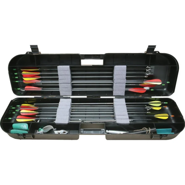 MTM Arrow Plus Case, open black case with arrows secured by gray straps