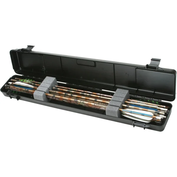 MTM Ultra Compact Arrow Case, open black case holding arrows secured by interior straps