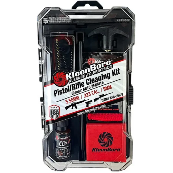 KleenBore Combination Cleaning Kit in a clear handled case with rods, cloth and red pouch visible
