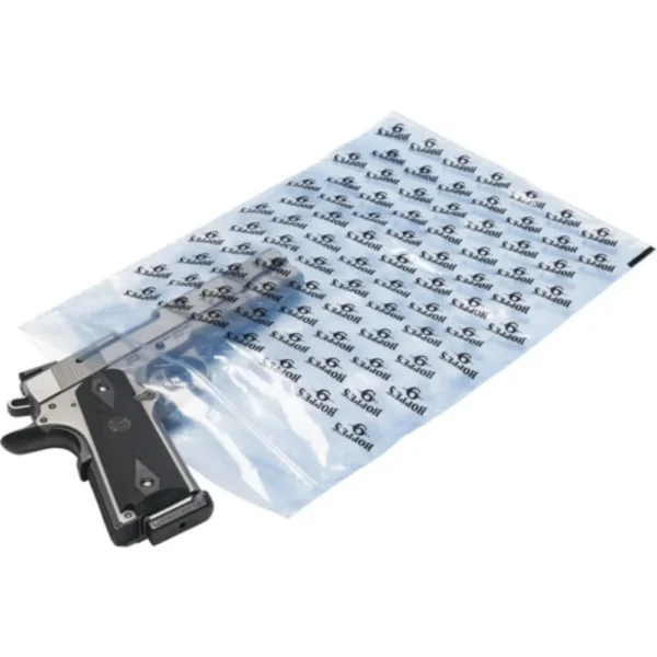 Hoppe's VCI Airvault Gun Bag, clear and white patterned pistol bag with black handgun partly inserted