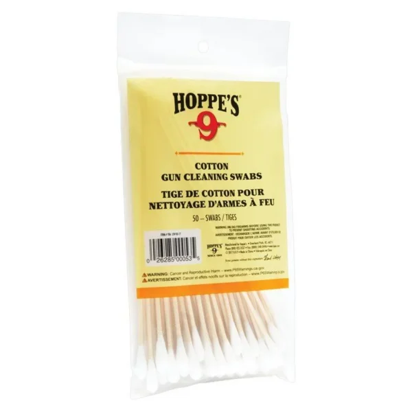 Hoppe's COTTON CLEANING SWAB, clear retail bag with yellow label and white-tipped wood swabs