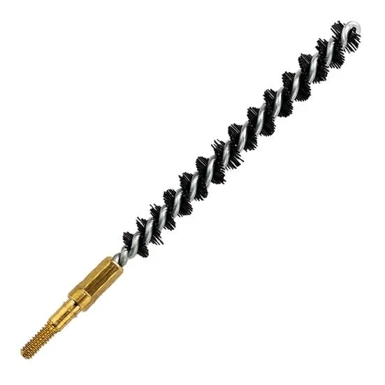 primary-23727 KleenBore Black Nylon Bore Brush, angled view with black bristles and brass threaded base