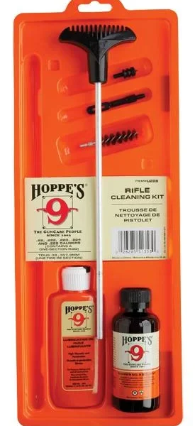 Hoppe's Cleaning Kit, front view in orange blister pack with rod, brushes, oil and cleaner