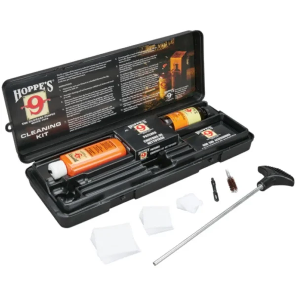 Hoppe's Universal Pistol Cleaning Kit, open black storage box with rods, brushes, patches and bottles