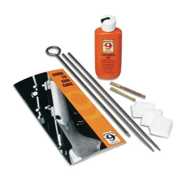 Hoppe's Maintenance Kit with orange bottle, cleaning rods, patches, brushes and booklet