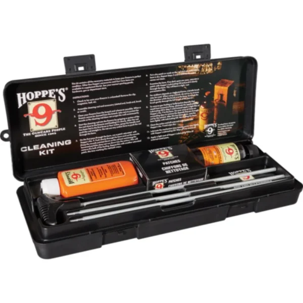 Hoppe's Premium Rifle and Shotgun Cleaning Kit, open black case with rods and cleaning supplies