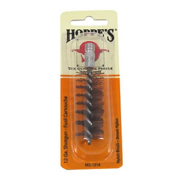 Hoppe's Nylon/Tynex Shotgun Cleaning Brush, dark bristles in orange blister packaging, front view