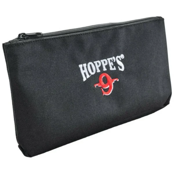 Hoppe's Dry Soft Sided Pistol Cleaning Kit, front view of black zippered pouch with logo