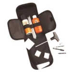 Hoppe's Universal Field Cleaning Kit, open black case with bottles, rods, patches and tools