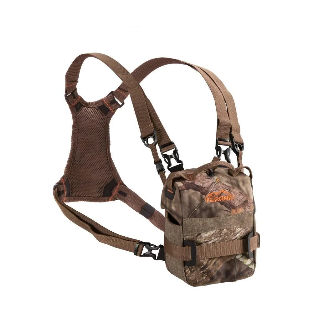 primary-23869 Allen Terrain Mesa Bino Case with Harness in camouflage, front view with brown shoulder straps