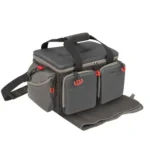Allen Competitor Premium Molded Lockable Range Bag grey, front view with red loops and fold-out mat