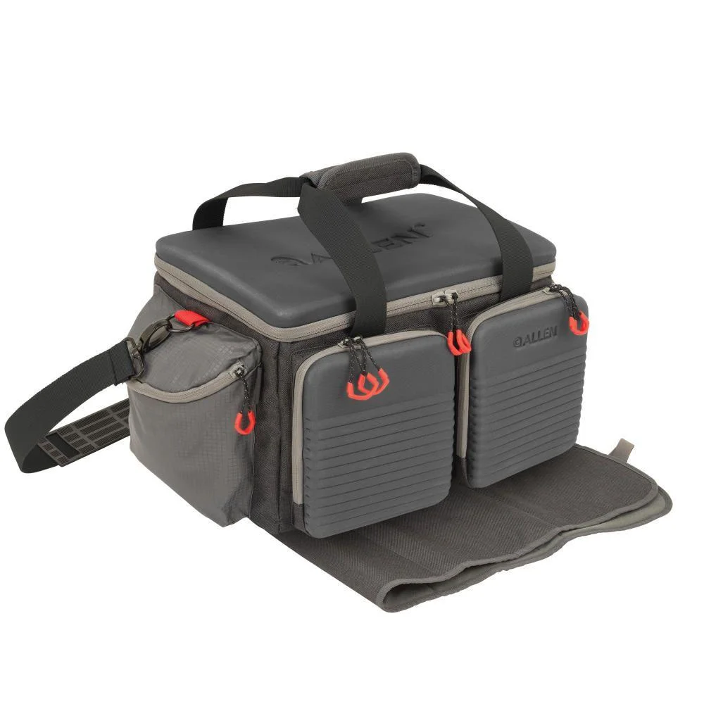 primary-23919 Allen Competitor Premium Molded Lockable Range Bag grey, front view with red loops and fold-out mat