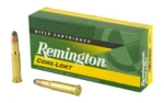 Remington Core-Lokt green and yellow box with two brass rifle cartridges