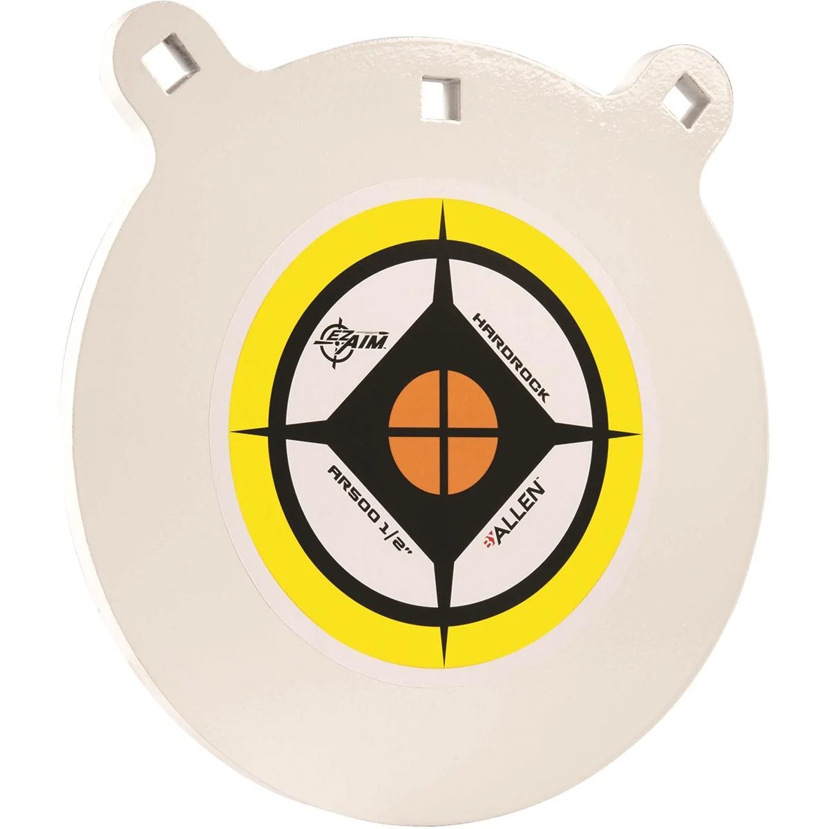 primary-24006 Allen Hardrock AR500 Gong Target, white round target with yellow, black and orange center, front view