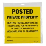 Allen Posted No Trespassing Yard Sign, front view of yellow sign with black warning text