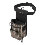 Allen Triumph Double Compartment Range Shell Bag, front view in Mossy Oak Bottomland with black belt