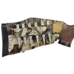 Allen Company Buttstock Shell Holder Mossy Oak Break-Up, side view on wood stock with six cartridges