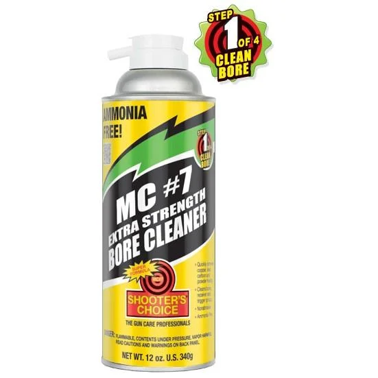 Shooters Choice MC#7 Extra Strength Bore Cleaner, yellow aerosol can with white cap, front view