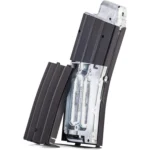 Crosman DPMS SBR magazine, black and clear housing with two visible cartridges, angled view