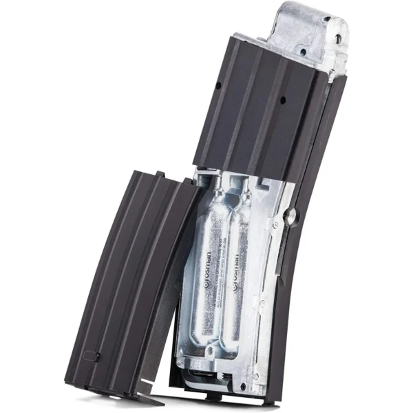 Crosman DPMS SBR magazine, black and clear housing with two visible cartridges, angled view